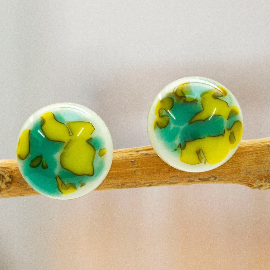 Sea Green & Pistachio Fused Glass Mosaic Button Earrings - Sea Green & Pistachio Textures