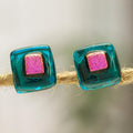 Blue & Pink Fused Glass Mosaic Stud Earrings from Mexico - Blue & Rose Mosaic