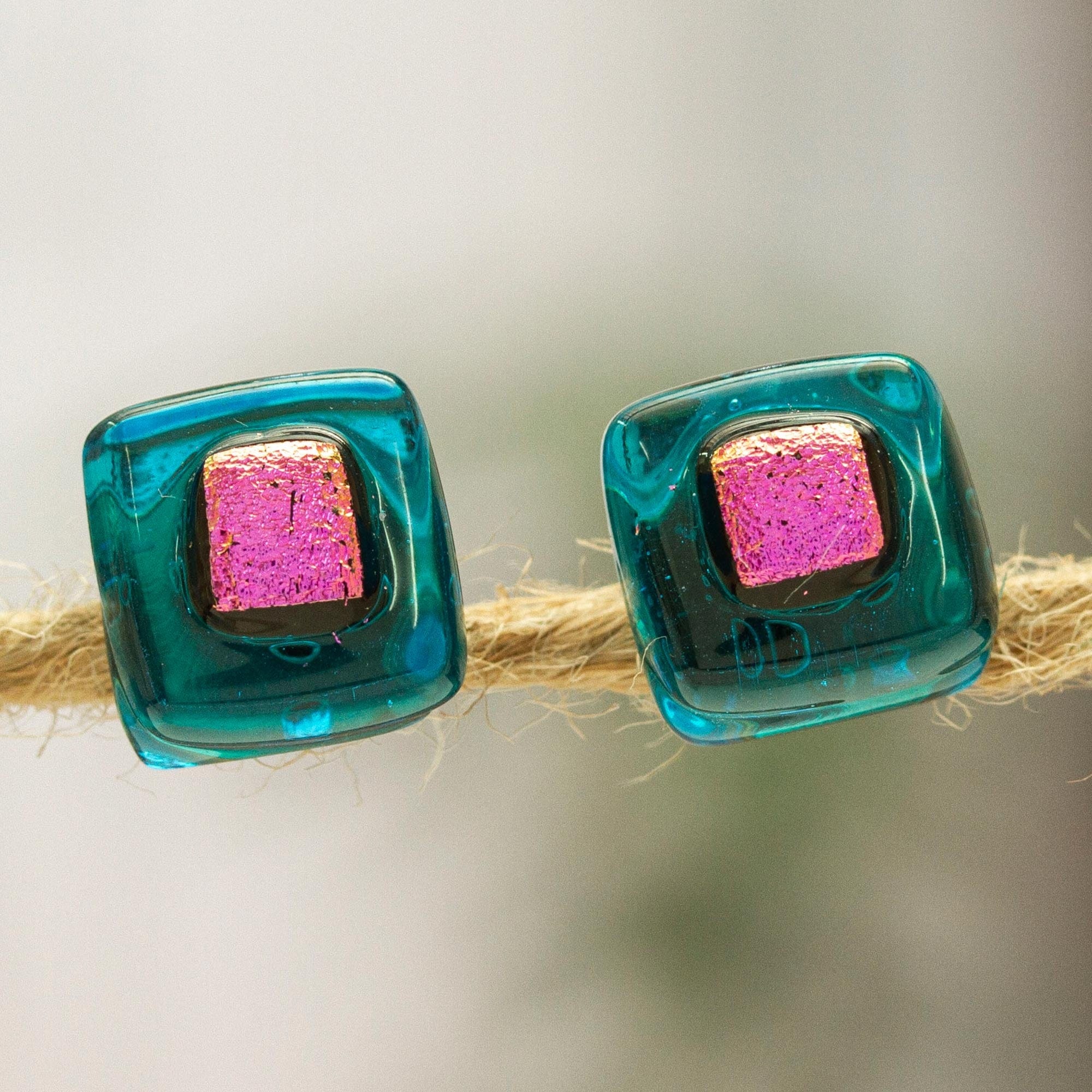 Blue & Pink Fused Glass Mosaic Stud Earrings from Mexico - Blue & Rose Mosaic