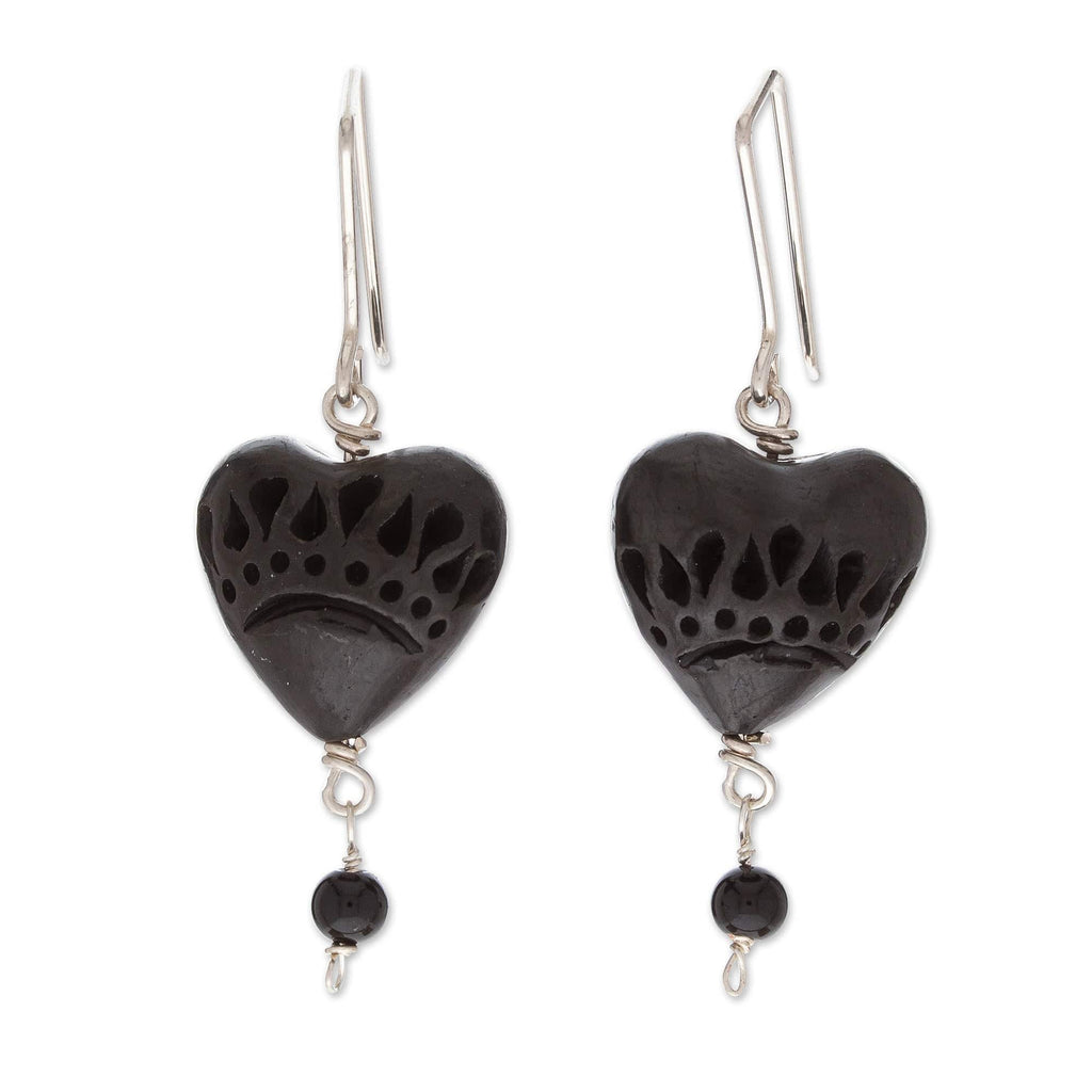 Romantic Heart-Shaped Barro Negro and Onyx Dangle Earrings - Barro Negro Passion