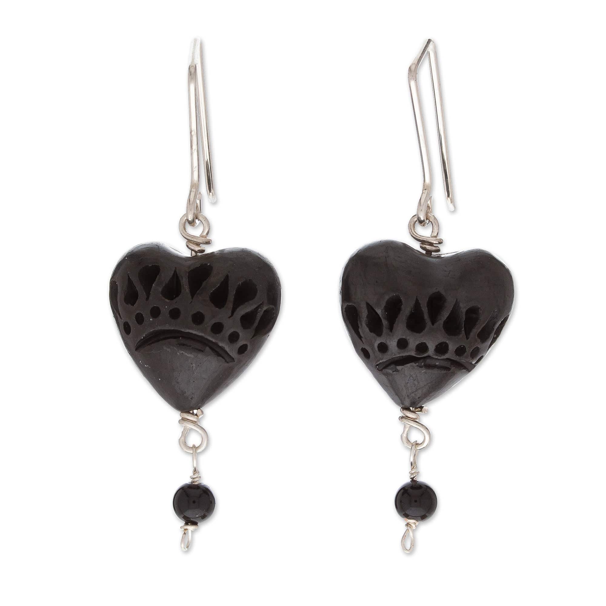 Romantic Heart-Shaped Barro Negro and Onyx Dangle Earrings - Barro Negro Passion