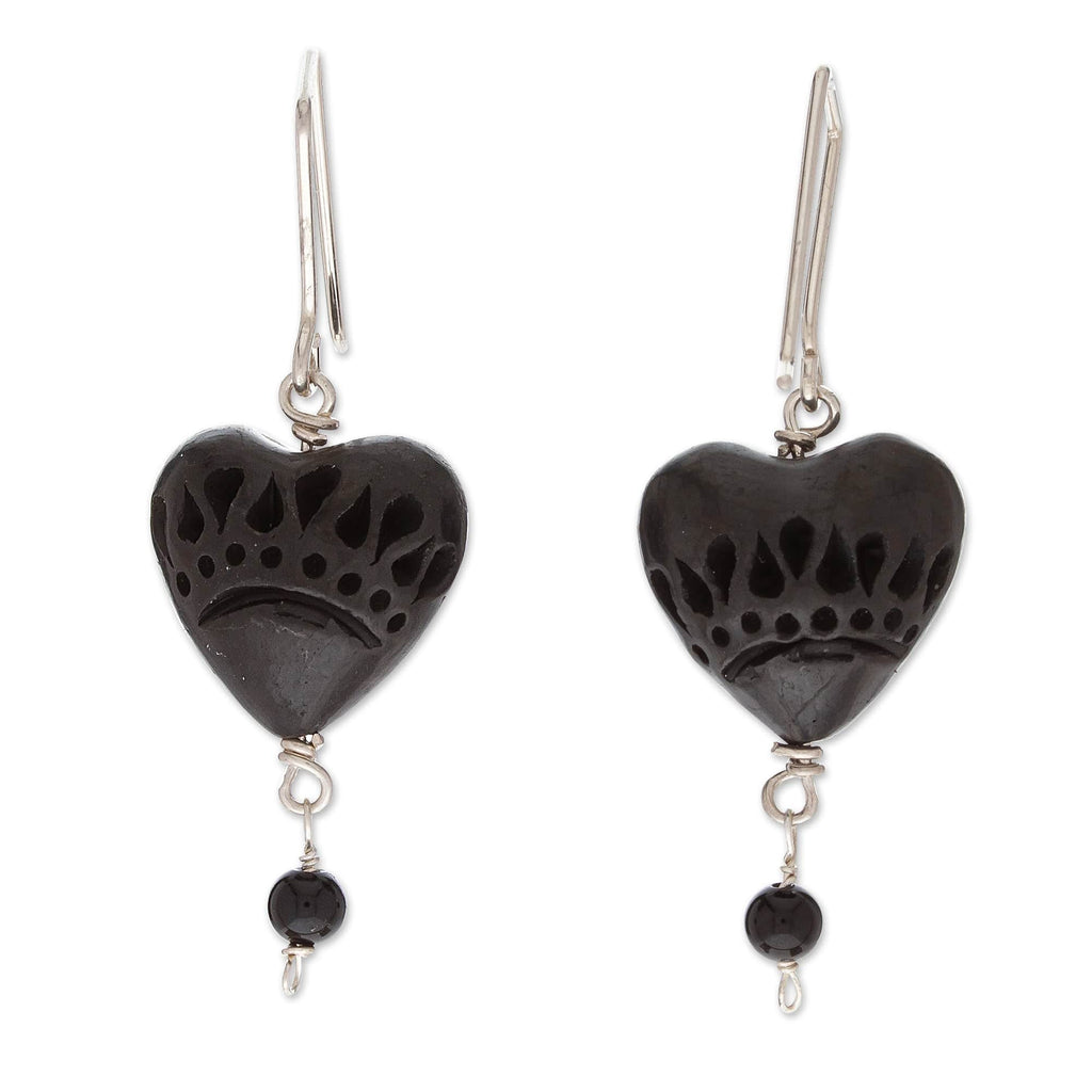 Romantic Heart-Shaped Barro Negro and Onyx Dangle Earrings - Barro Negro Passion