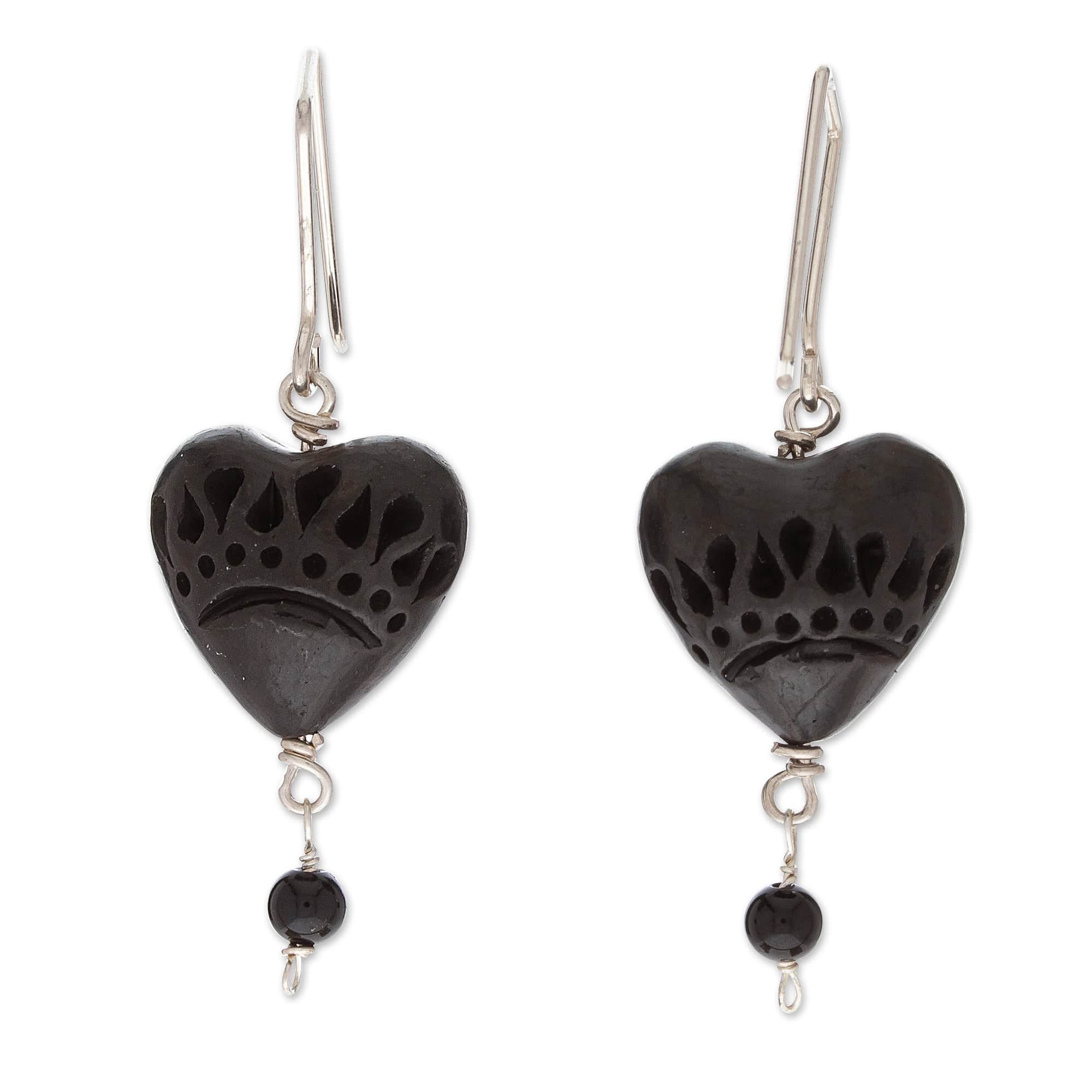 Romantic Heart-Shaped Barro Negro and Onyx Dangle Earrings - Barro Negro Passion