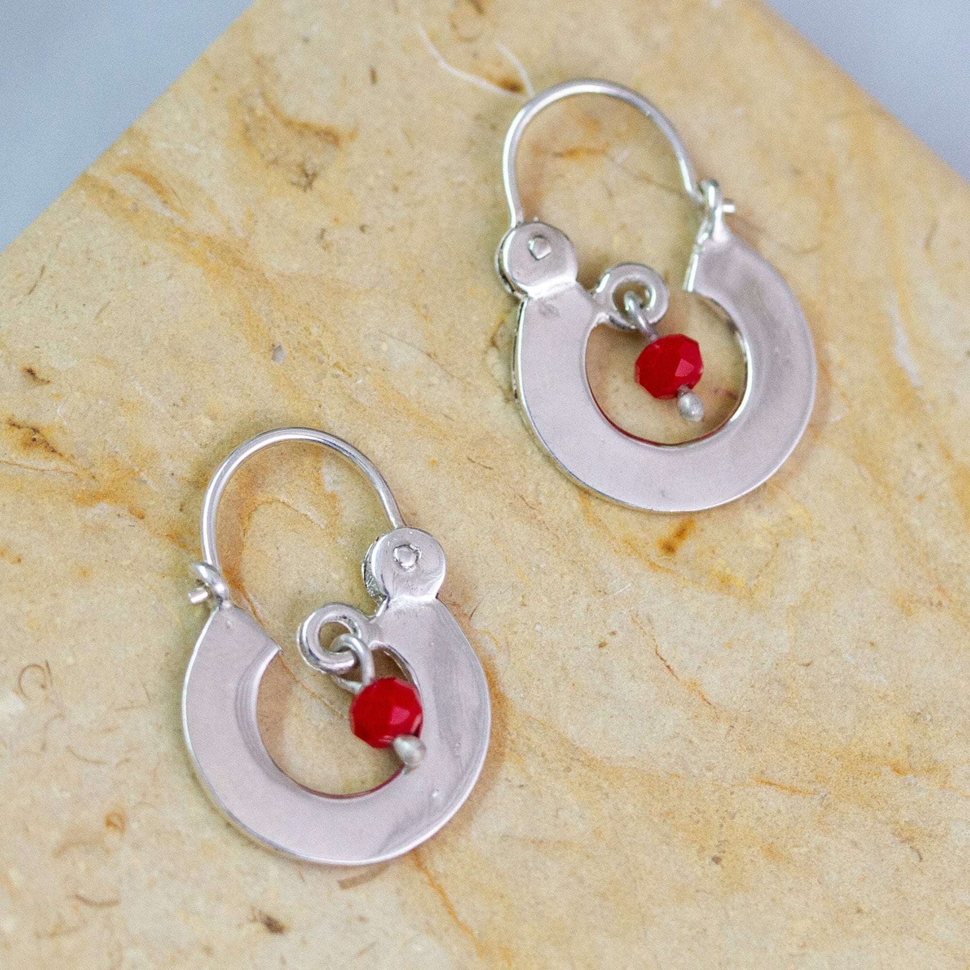 Red Crystal and Sterling Silver Hoop Earrings from Mexico - Red Shine