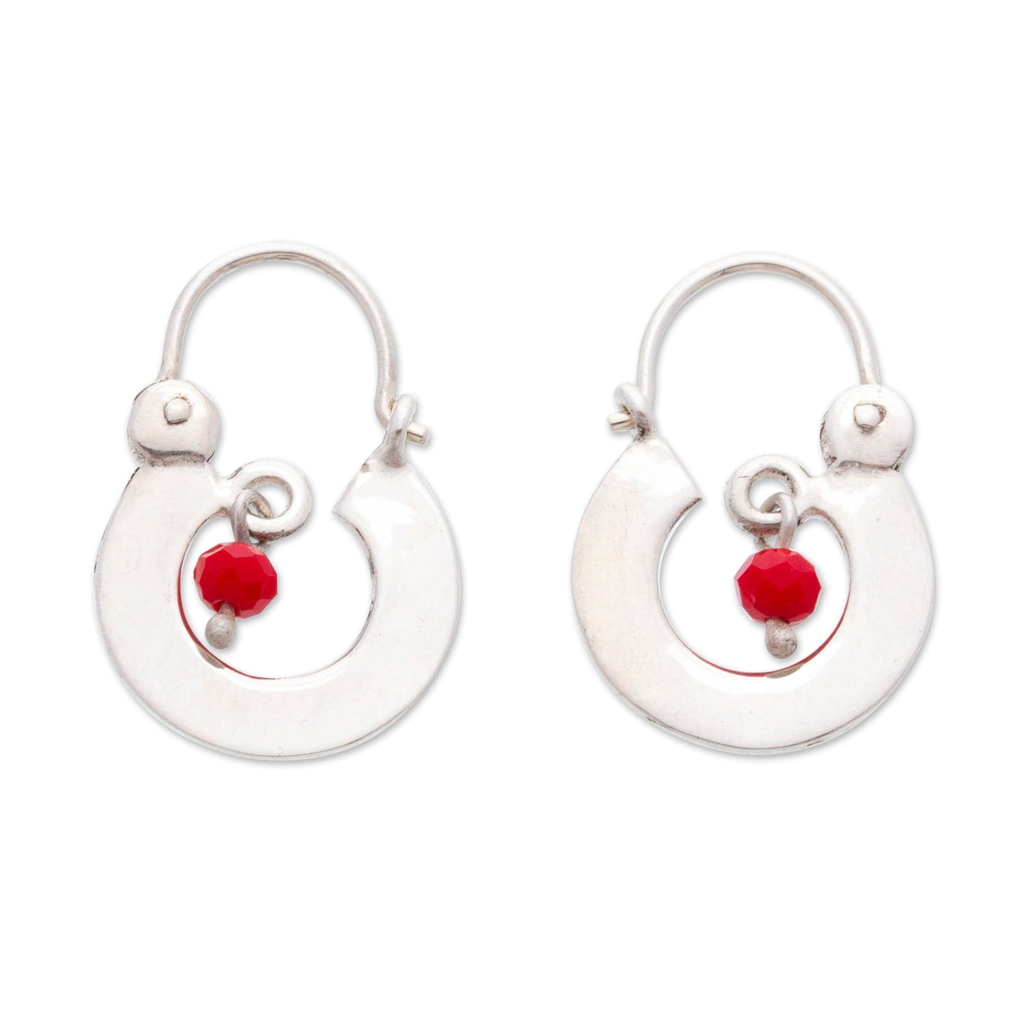 Red Crystal and Sterling Silver Hoop Earrings from Mexico - Red Shine