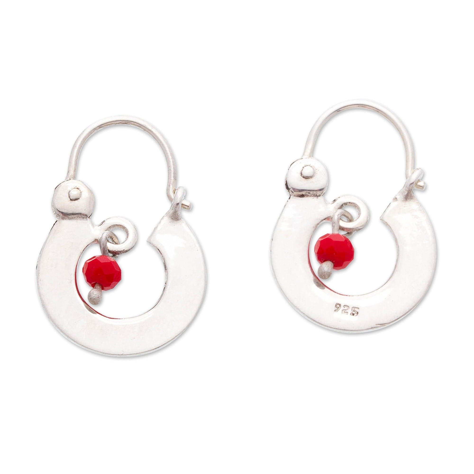 Red Crystal and Sterling Silver Hoop Earrings from Mexico - Red Shine