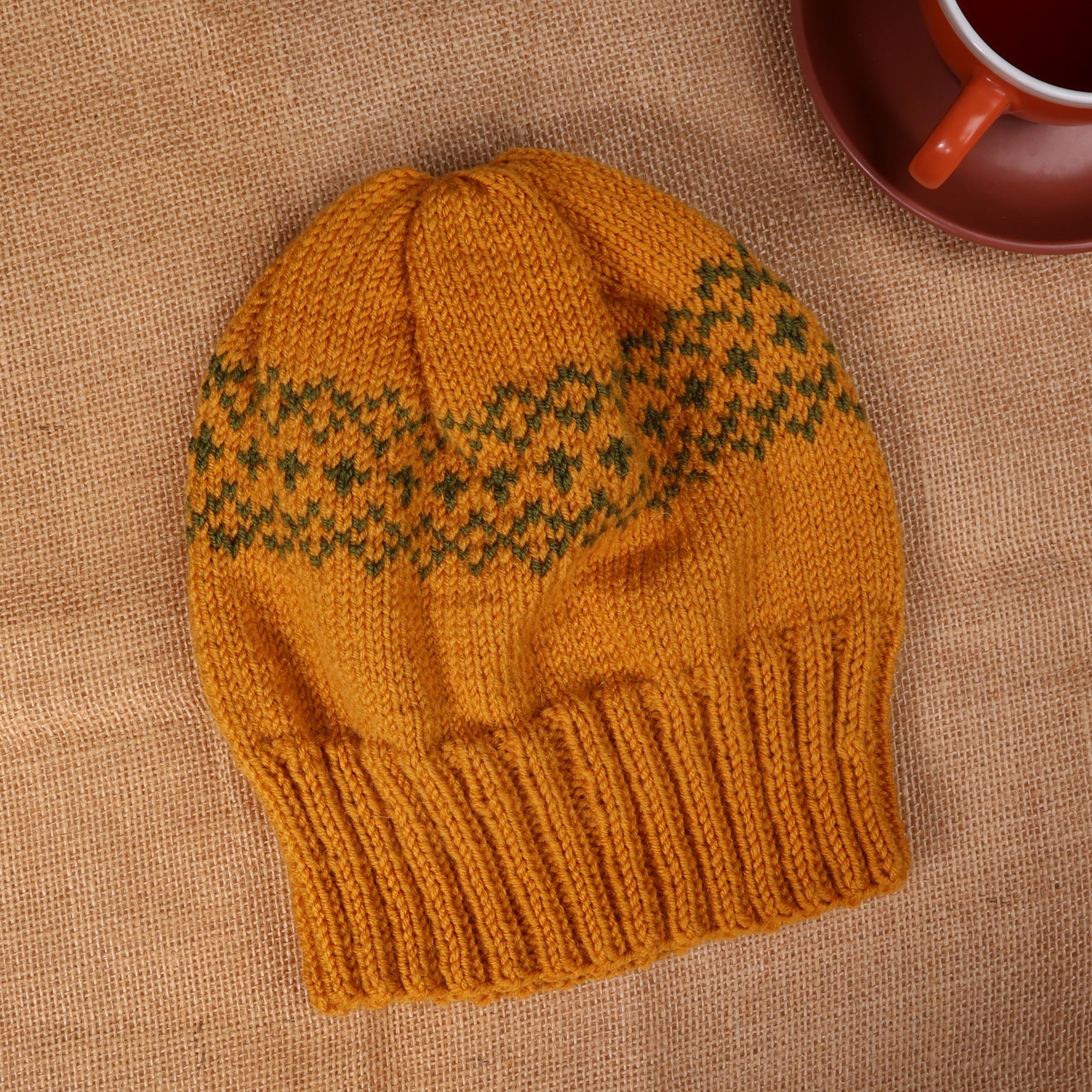 Armenian-Made Marigold and Green Acrylic and Wool Knit Hat - Marigold Winter
