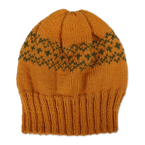 Armenian-Made Marigold and Green Acrylic and Wool Knit Hat - Marigold Winter