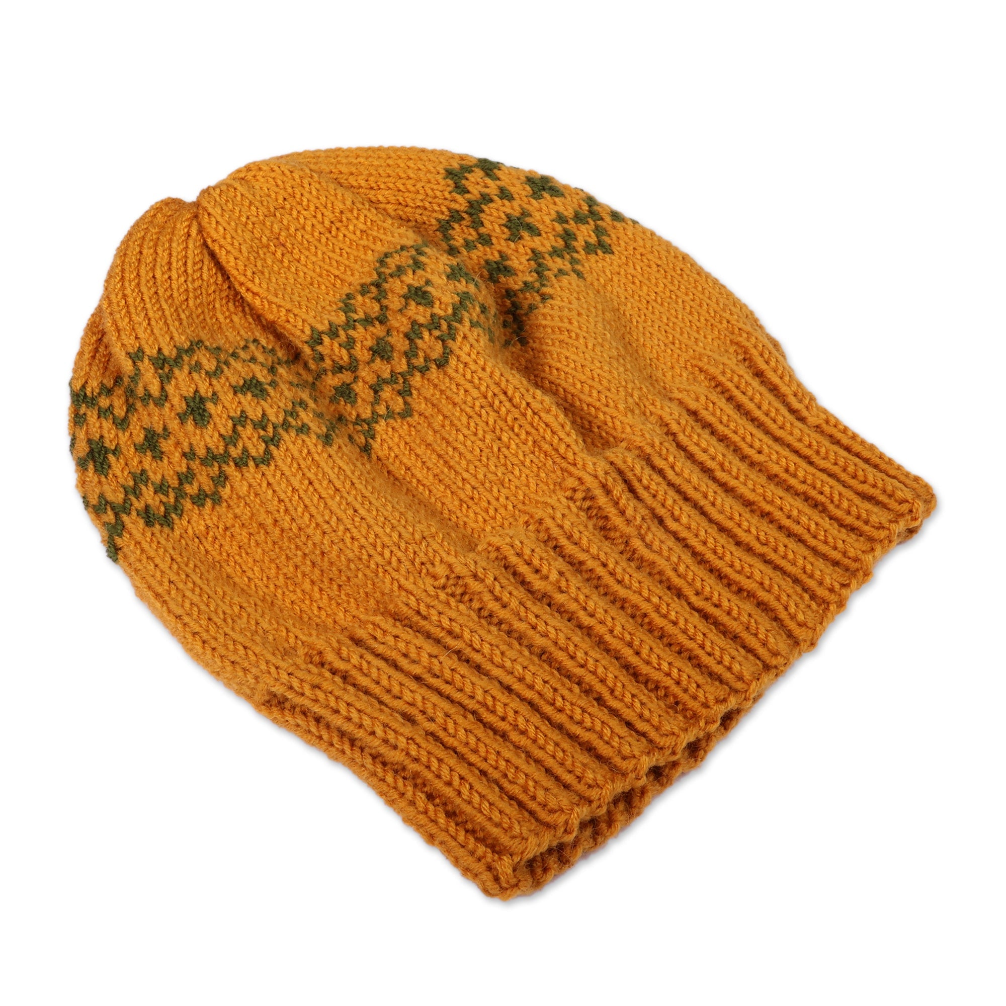 Armenian-Made Marigold and Green Acrylic and Wool Knit Hat - Marigold Winter
